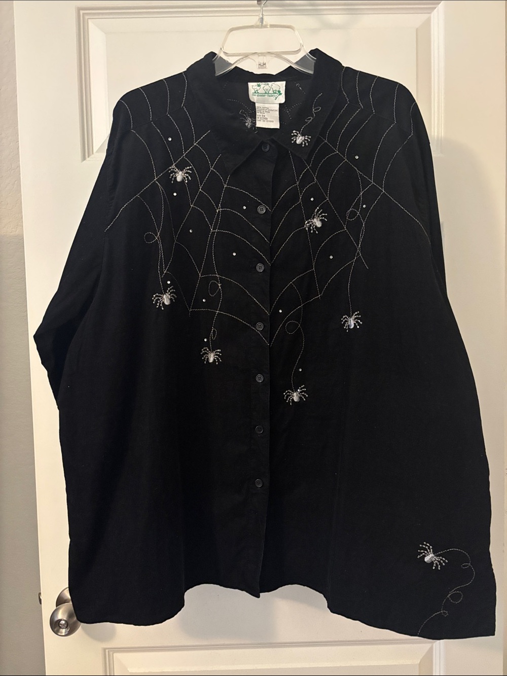 VTG Quacker Factory Black Embroidered Spiderweb Corduroy Button-Up Top SZ 3X